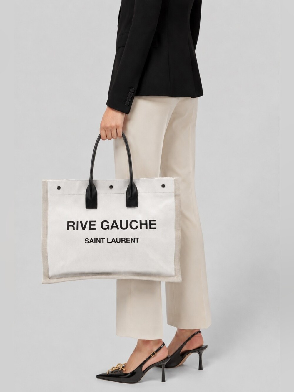 Saint Laurent Beige Black Rive Gauche Tote Bag